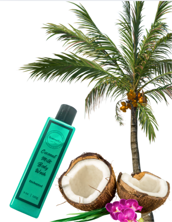 Light green colored bottle of body wash with a background of a palm tree and split coconut and pink flower