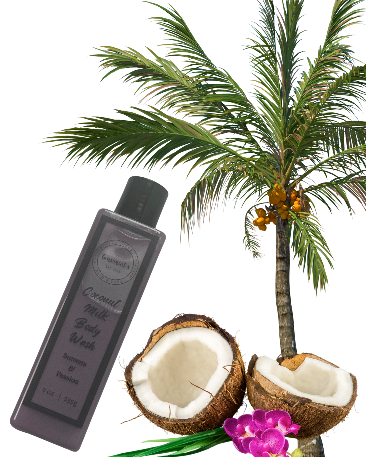 Purplish-grey colored bottle of body wash with a background of a palm tree and split coconut and pink flower